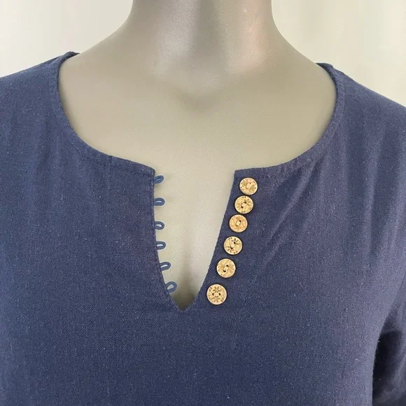 Minibee Dress Women M Navy Blue Linen Cotton Midi Lagenlook Boho Oversized - Picture 7 of 12